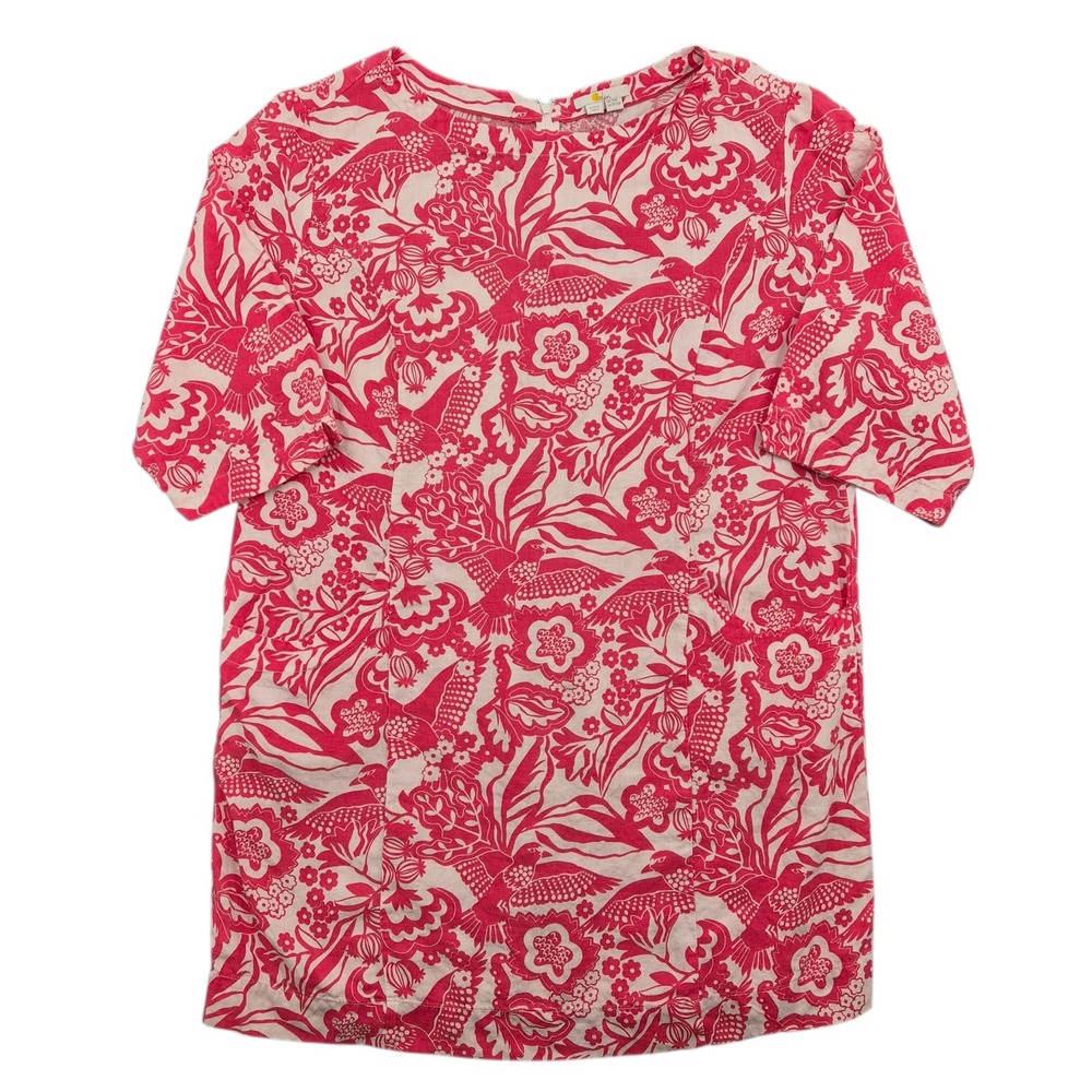 Boden Pink White Bird Floral Linen Shift Dress Plus Size US 20‎ 22R Short Sleeve